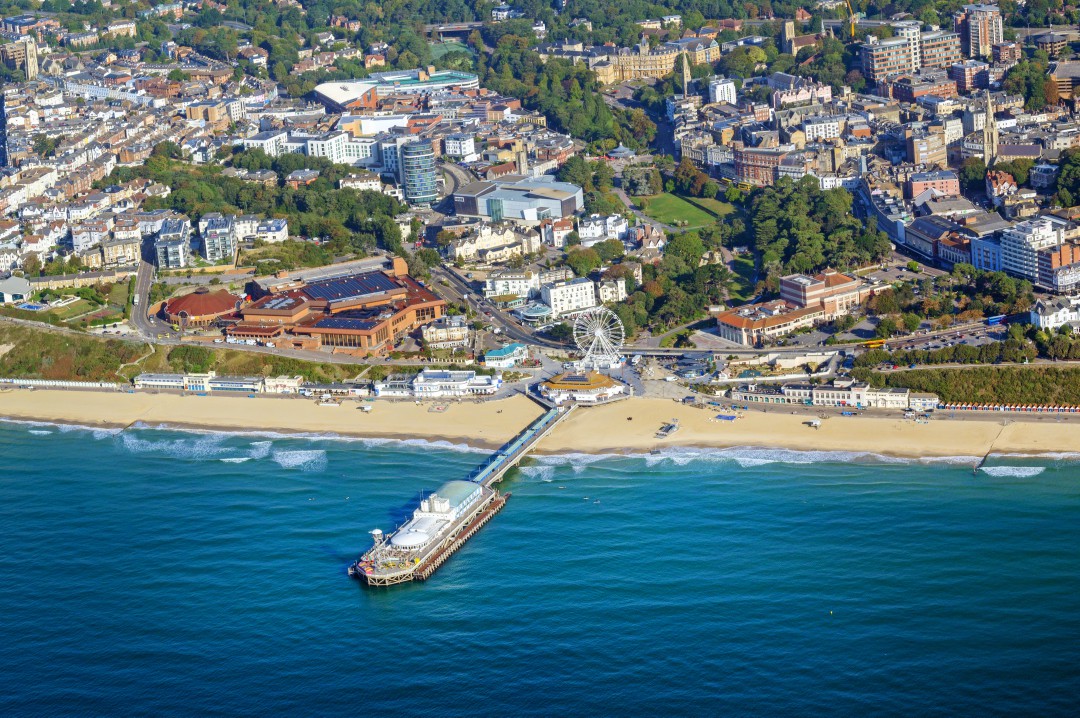 An aerial view of the Bournemouth town centre encompassing the glorious beach and entertainment complex at BH2